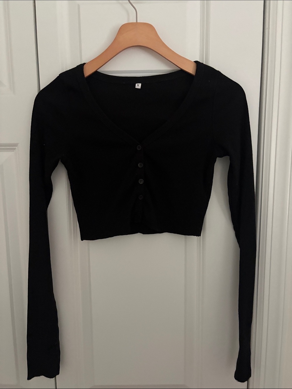 Black Cropped Button-Front V-Neck Top - Women